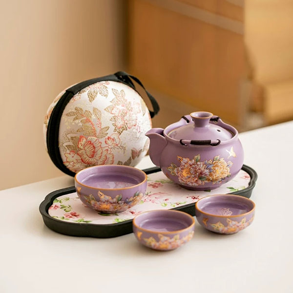Ru kiln Gilded Silver Peony Handmade Pot Travel Tea Sets