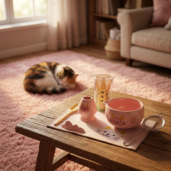 Pink Cat Bowl Matcha Tea Set